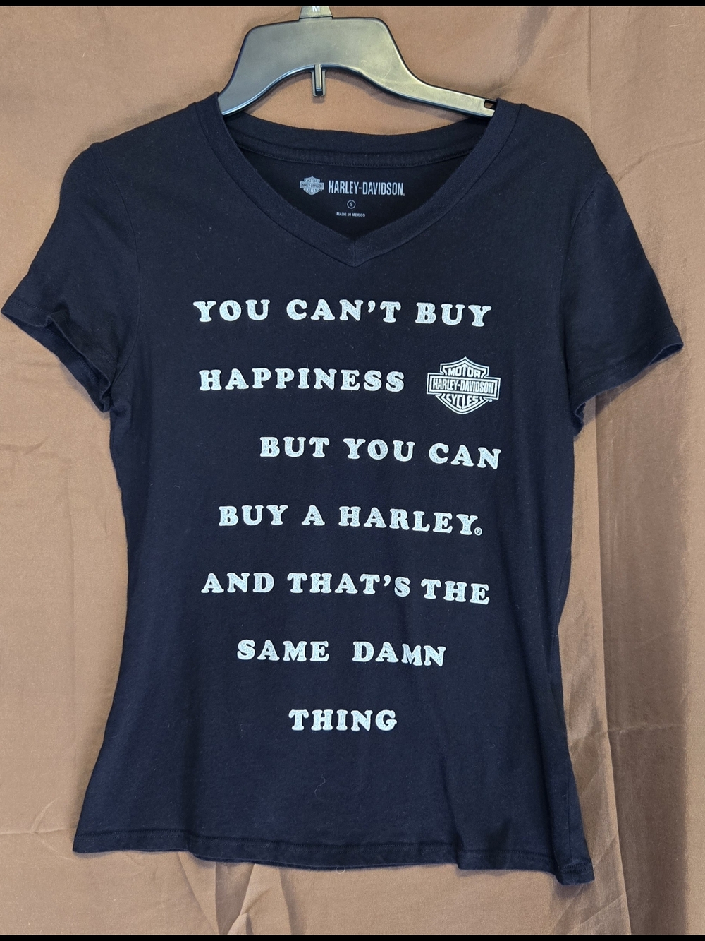 Harley-Davidson Graphic Tee Women’s Small Black V-Neck “You Can’t Buy Happiness”